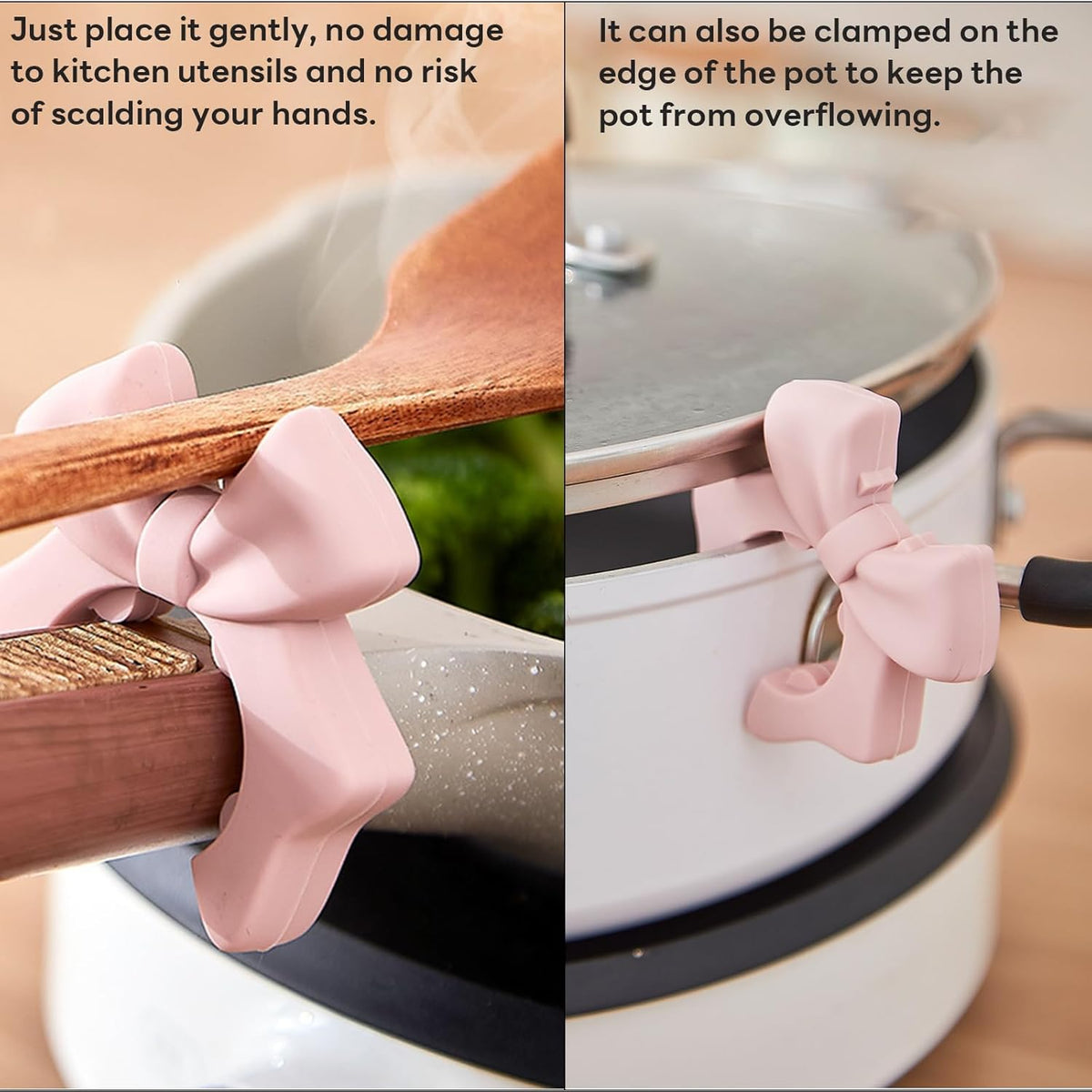 Silicone Spatula Holder, 2-Pack Bowknot Design Spoon Rest, Heat-Tolerant Kitchen Utensil Pot Clips for Holding Spatulas and Spoons, Compatible with 1.38in to 2.17in Pot Handles, Pink and Beige