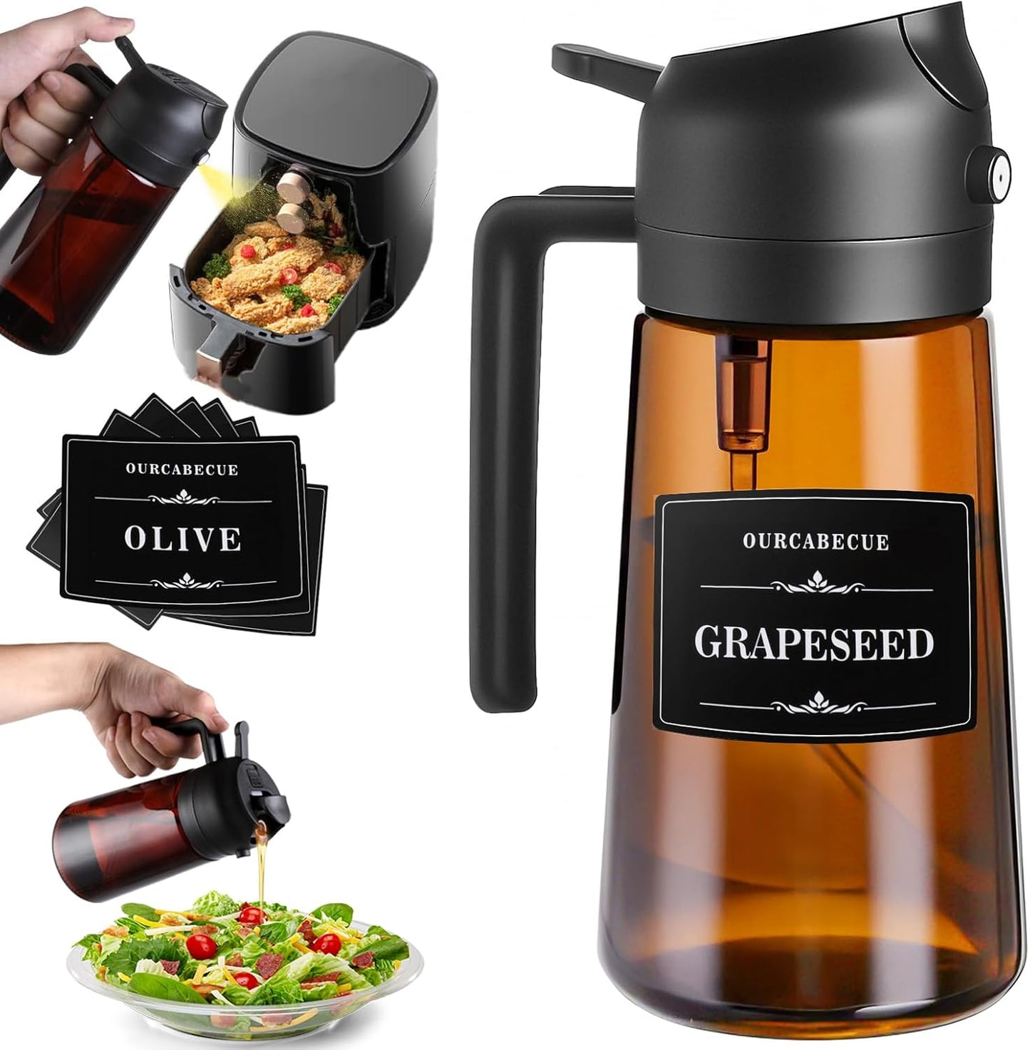 2 in 1 Olive Oil Sprayer for Cooking, 16oz/470ml Light-Blocking Dark Olive Oil Dispenser Bottle for Kitchen, Food-Grade Glass Oil Mister with 8 Oil Stickers