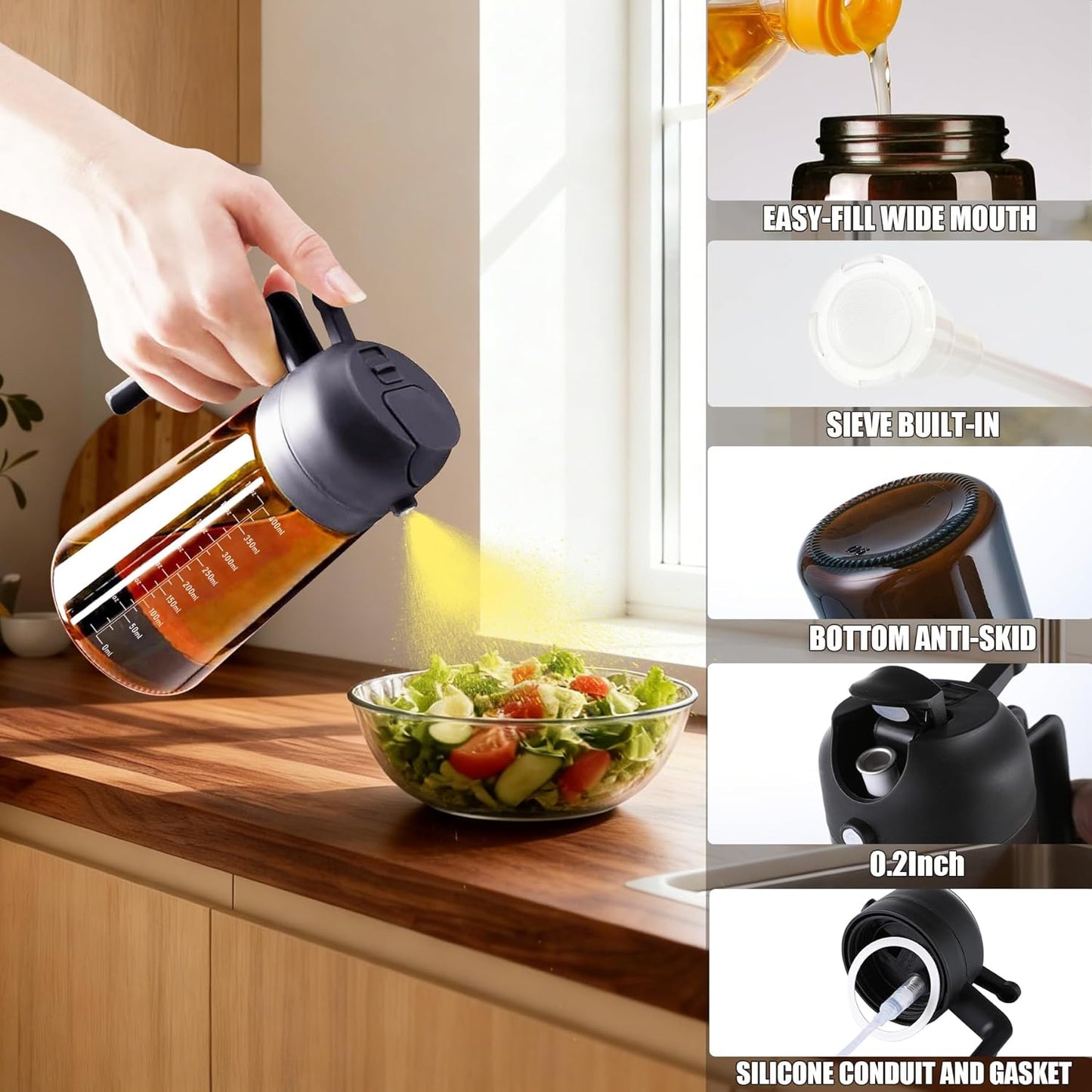 2 in 1 Olive Oil Sprayer for Cooking, 16oz/470ml Light-Blocking Dark Olive Oil Dispenser Bottle for Kitchen, Food-Grade Glass Oil Mister with 8 Oil Stickers