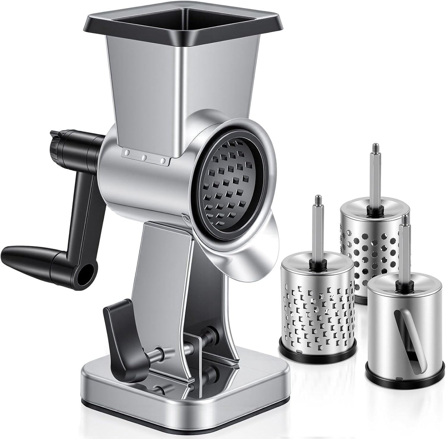 Rotary Cheese Grater Stainless Steel Manual Cheese Shredder Grater Walnuts Grinder with 3 Interchangeable Drum Blades for Chocolate, Cheese and Nuts