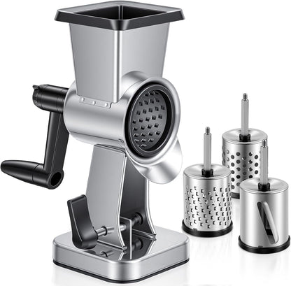 Rotary Cheese Grater Stainless Steel Manual Cheese Shredder Grater Walnuts Grinder with 3 Interchangeable Drum Blades for Chocolate, Cheese and Nuts