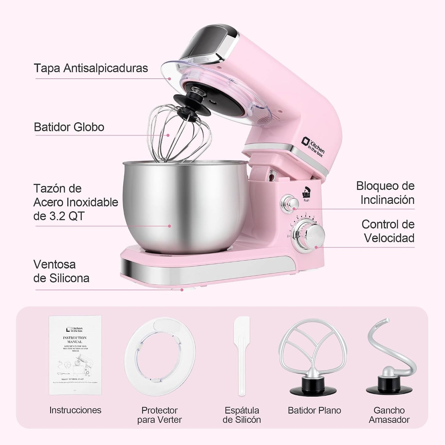 Stand Mixer,3.2Qt Small Electric Food Mixer,6 Speeds Portable Lightweight Kitchen Mixer for Daily Use with Egg Whisk,Dough Hook,Flat Beater (Pink)