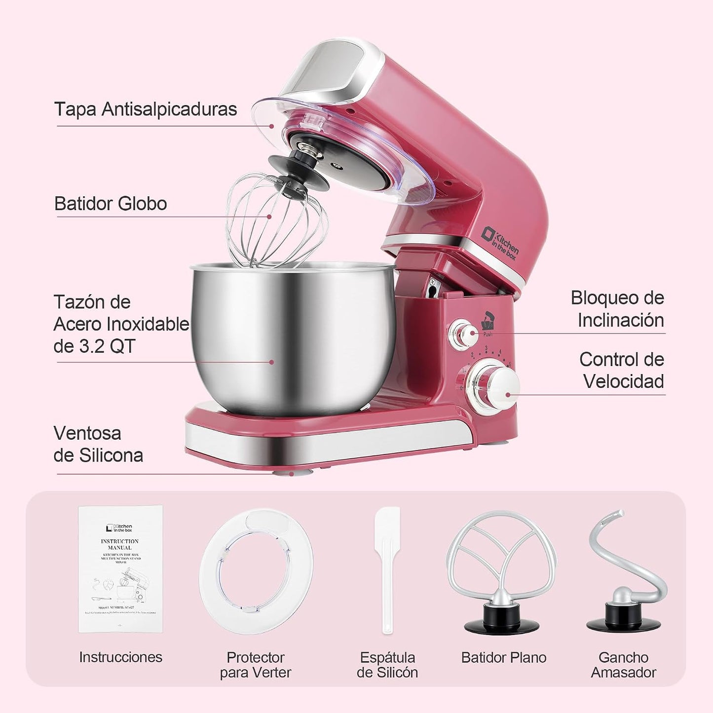 Stand Mixer,3.2Qt Small Electric Food Mixer,6 Speeds Portable Lightweight Kitchen Mixer for Daily Use with Egg Whisk,Dough Hook,Flat Beater (Pink)