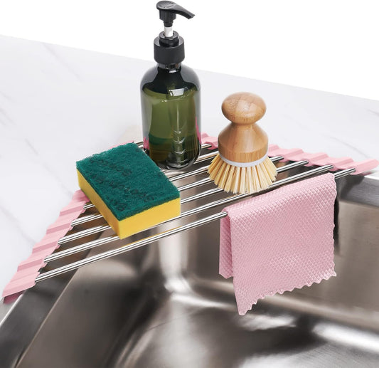 Triangle Foldable Dish Drying Rack, Small Roll-Up Stainless Steel Over Sink Drainer for Kitchen Sink Corner, Rustproof Multipurpose Organizer(Pink)