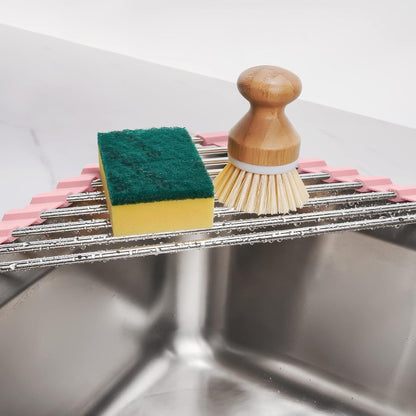 Triangle Foldable Dish Drying Rack, Small Roll-Up Stainless Steel Over Sink Drainer for Kitchen Sink Corner, Rustproof Multipurpose Organizer(Pink)