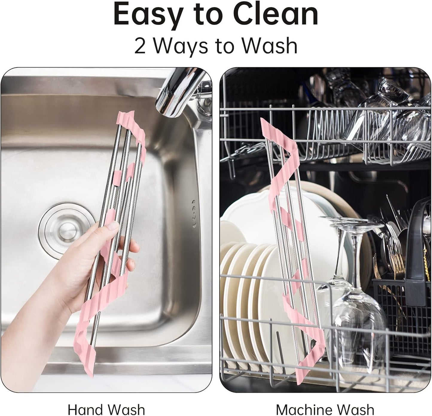 Triangle Foldable Dish Drying Rack, Small Roll-Up Stainless Steel Over Sink Drainer for Kitchen Sink Corner, Rustproof Multipurpose Organizer(Pink)