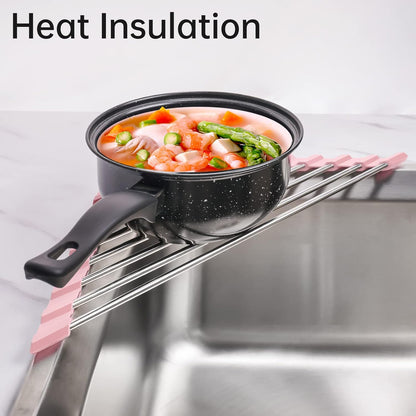 Triangle Foldable Dish Drying Rack, Small Roll-Up Stainless Steel Over Sink Drainer for Kitchen Sink Corner, Rustproof Multipurpose Organizer(Pink)
