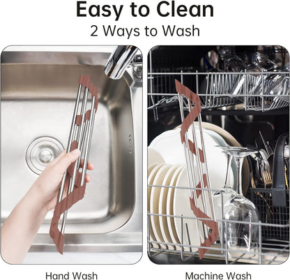 Triangle Foldable Dish Drying Rack, Small Roll-Up Stainless Steel Over Sink Drainer for Kitchen Sink Corner, Rustproof Multipurpose Organizer(Pink)