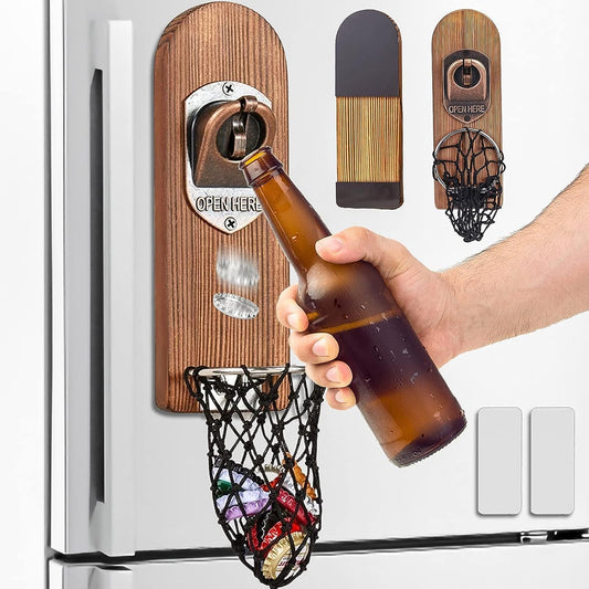 Beer Bottle Opener Wall Mounted with Magnetic Cap Catcher,Wooden Magnetic Bottle Opener for Fridge,Vintage Beer Gifts for Men, Man Cave Decor,Gifts for Men and Beer Lovers(Style 3)