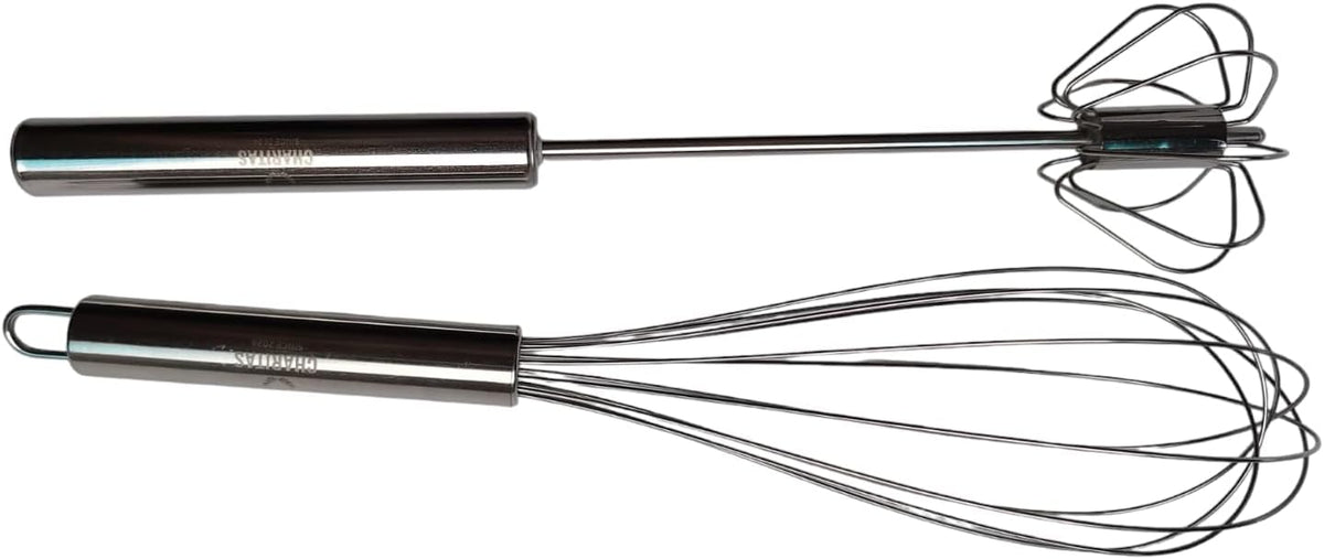 12'' Egg Whisk Combo - Stainless Steel Manual Balloon whisk and Semi-Automatic Whisk, Egg Beater, Hand Push Rotary - Mixing, Frothier, Stirring baking/beating eggs, Durable, Easy-Grip/Heat-Resistant.