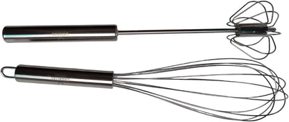 12'' Egg Whisk Combo - Stainless Steel Manual Balloon whisk and Semi-Automatic Whisk, Egg Beater, Hand Push Rotary - Mixing, Frothier, Stirring baking/beating eggs, Durable, Easy-Grip/Heat-Resistant.