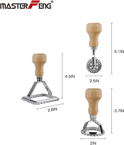 Ravioli Stamp Maker Cutter with Roller Wheel Set, Mold with Wooden Handle and Fluted Edge, Pasta Press Kitchen Attachment (MF-146)