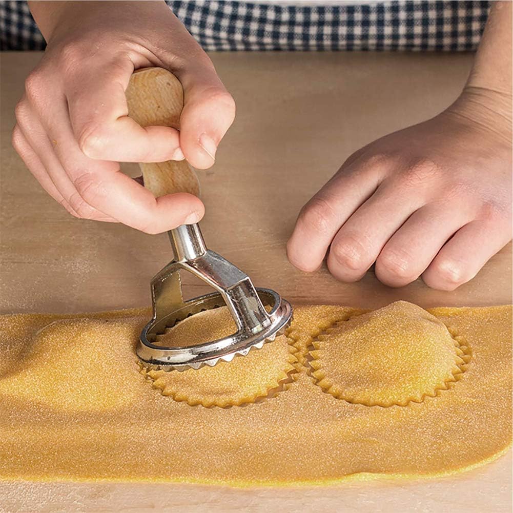 Ravioli Stamp Maker Cutter with Roller Wheel Set, Mold with Wooden Handle and Fluted Edge, Pasta Press Kitchen Attachment (MF-146)