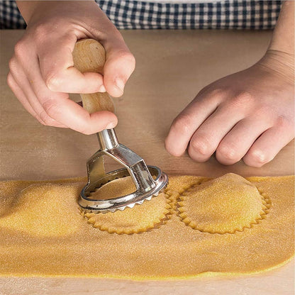 Ravioli Stamp Maker Cutter with Roller Wheel Set, Mold with Wooden Handle and Fluted Edge, Pasta Press Kitchen Attachment (MF-146)