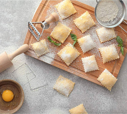 Ravioli Stamp Maker Cutter with Roller Wheel Set, Mold with Wooden Handle and Fluted Edge, Pasta Press Kitchen Attachment (MF-146)