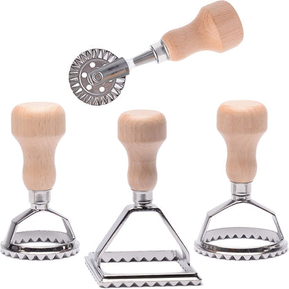 Ravioli Stamp Maker Cutter with Roller Wheel Set, Mold with Wooden Handle and Fluted Edge, Pasta Press Kitchen Attachment (MF-146)
