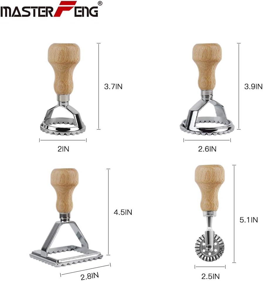 Ravioli Stamp Maker Cutter with Roller Wheel Set, Mold with Wooden Handle and Fluted Edge, Pasta Press Kitchen Attachment (MF-146)
