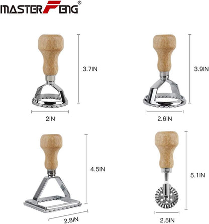 Ravioli Stamp Maker Cutter with Roller Wheel Set, Mold with Wooden Handle and Fluted Edge, Pasta Press Kitchen Attachment (MF-146)