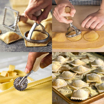 Ravioli Stamp Maker Cutter with Roller Wheel Set, Mold with Wooden Handle and Fluted Edge, Pasta Press Kitchen Attachment (MF-146)