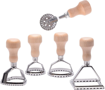 Ravioli Stamp Maker Cutter with Roller Wheel Set, Mold with Wooden Handle and Fluted Edge, Pasta Press Kitchen Attachment (MF-146)