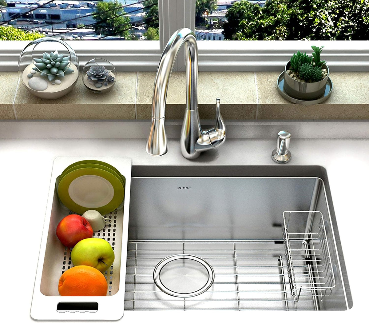 Zuhnë Reeva Over The Sink Colander Strainer Set of 2, Food Grade Wheat Fiber Composite, BPA Free, Stackable Soak Rinse Bins, Light Grey, Fits 15 to 17 in Sink Bowls