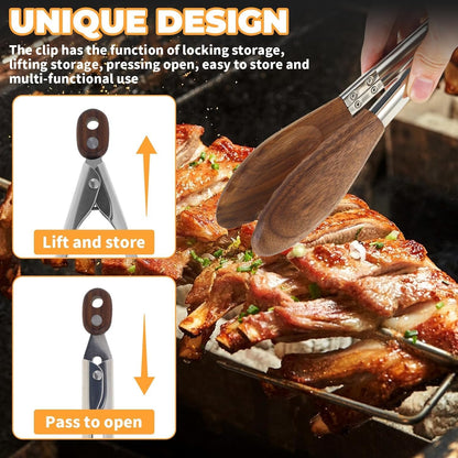 Wooden Tongs for Cooking & Serving Food, Stainless Steel Salad Tongs with Walnut Wood Tip, Anti-Slip Long Handle Wooden Kitchen Tongs Heat Resistant, Smooth Locking & Hanging Cooking Utensils Set of 2