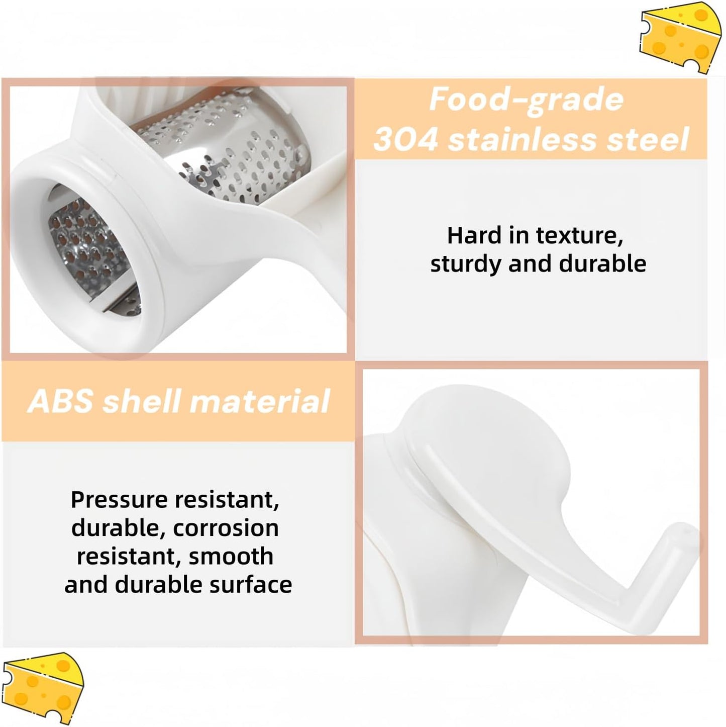 Hand-Crank Cheese Grater, Manual 304 Stainless Steel Grinder | Cheese Grinder for Cooking & Baking, Manual Cheese Shredder for Parmesan, Cheddar, Chocolate & Vegetables