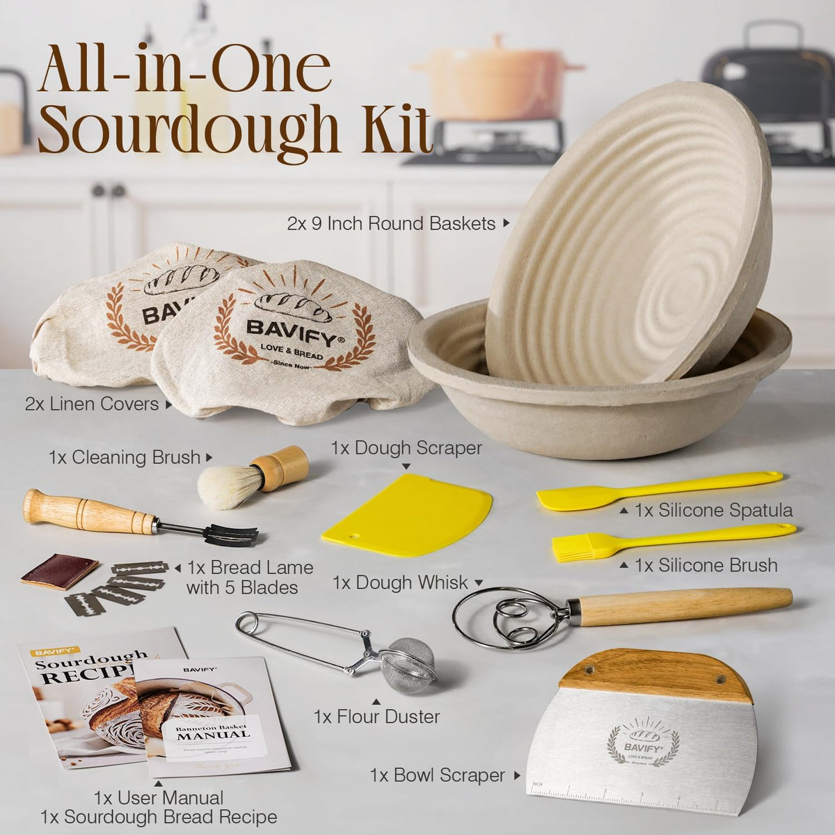 BAVIFY Sourdough Starter Kit, Banneton Bread Proofing Baskets Set
