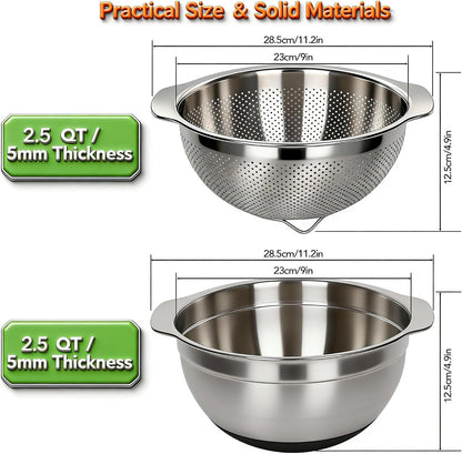 304 Stainless Steel Colander, 2.5 QT Capacity and 2.5 QT Mixing Bowl, Micropore Strainer for Washing Rice, Fruit, and Veggies, Perfect Draining for Cooked Pasta