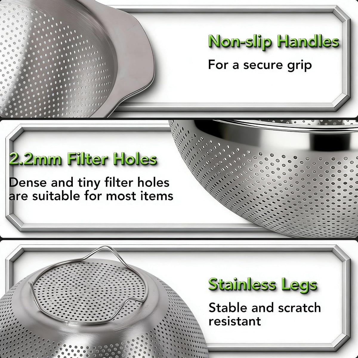 304 Stainless Steel Colander, 2.5 QT Capacity and 2.5 QT Mixing Bowl, Micropore Strainer for Washing Rice, Fruit, and Veggies, Perfect Draining for Cooked Pasta