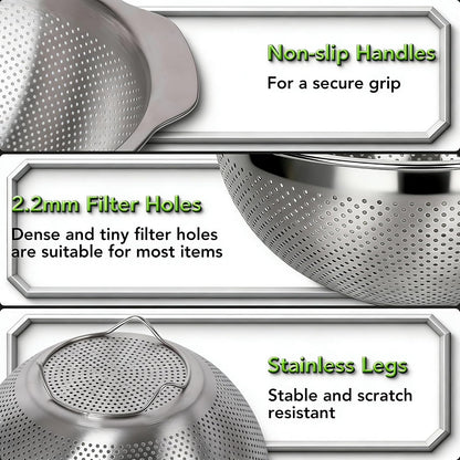 304 Stainless Steel Colander, 2.5 QT Capacity and 2.5 QT Mixing Bowl, Micropore Strainer for Washing Rice, Fruit, and Veggies, Perfect Draining for Cooked Pasta