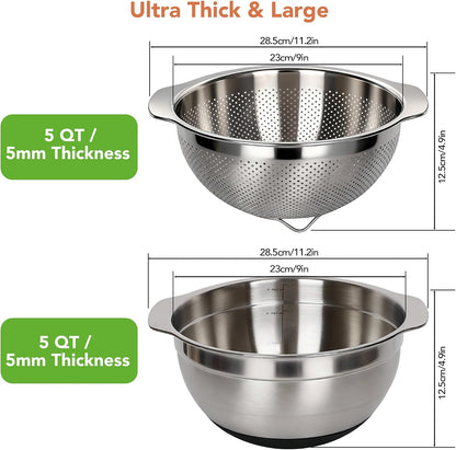 304 Stainless Steel Colander, 2.5 QT Capacity and 2.5 QT Mixing Bowl, Micropore Strainer for Washing Rice, Fruit, and Veggies, Perfect Draining for Cooked Pasta
