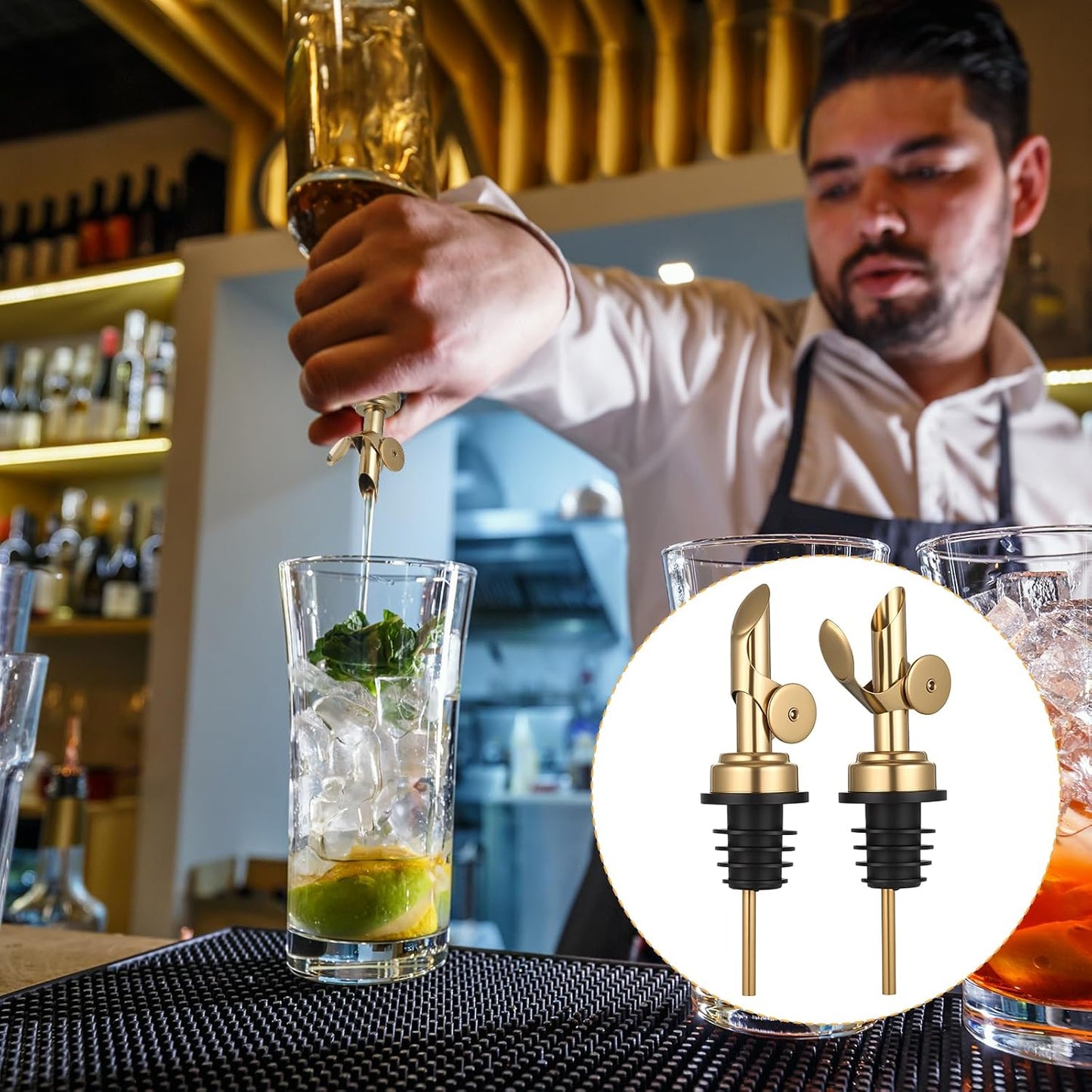 2 PCS Weighted Stainless Steel Bottle Pourers, Olive Oil Dispenser Spout, Self Closing Liquor Pour Spout, Weighted Pourer for Liquor Bottles, Oil Bottles, Vinegar, Syrup and Alcohol, Gold
