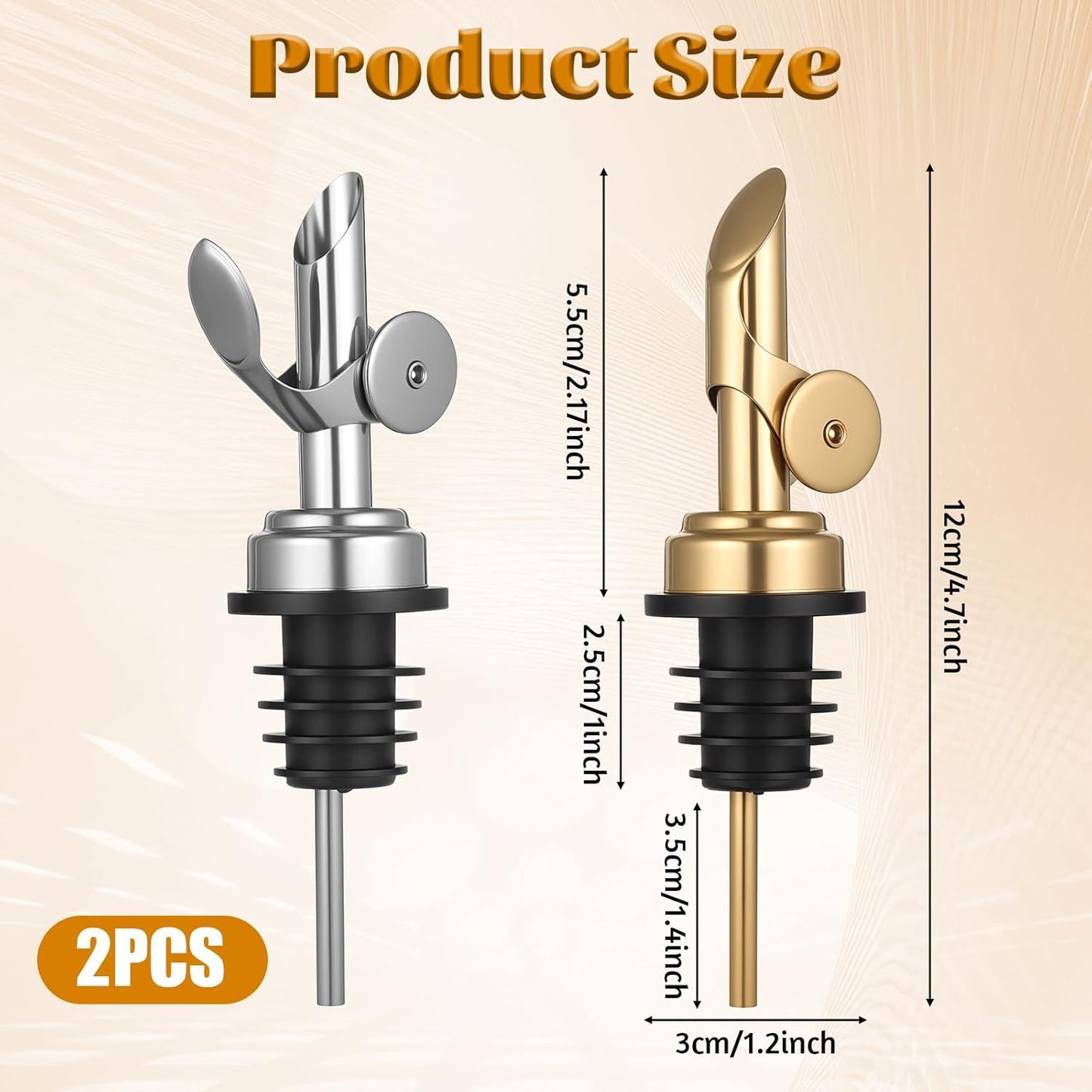 2 PCS Weighted Stainless Steel Bottle Pourers, Olive Oil Dispenser Spout, Self Closing Liquor Pour Spout, Weighted Pourer for Liquor Bottles, Oil Bottles, Vinegar, Syrup and Alcohol, Gold