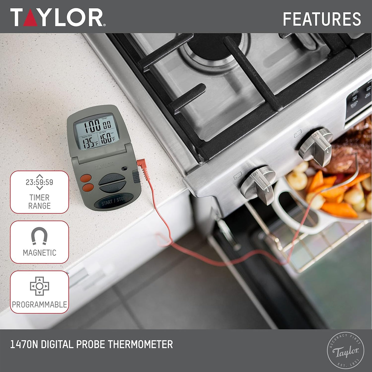 Precision Products Programmable with Timer Instant Read Wired Probe Digital, Meat, Food, Grill BBQ Cooking Kitchen Thermometer with Timer, Gray