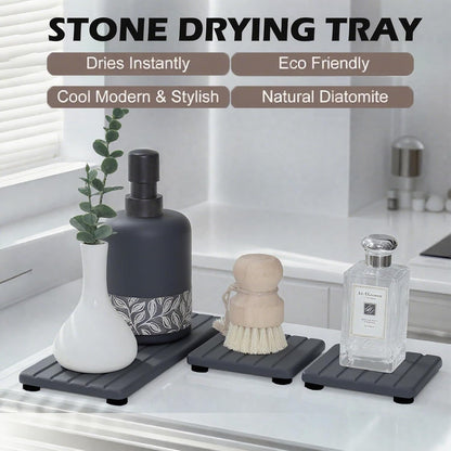 Quick Dry Sink Caddy Kitchen Sink Organizer, Water Absorbing Stone Tray for Sink, Stone Drying Tray, Diatomite Faucet Mat & Protector, Dispenser Sponge Holder, Stone Soap Tray for Bathroom Counter