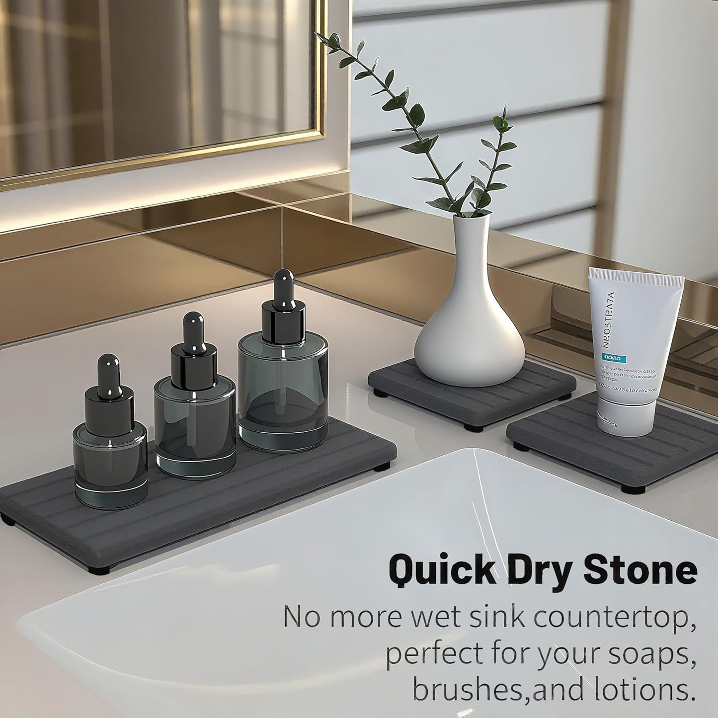 Quick Dry Sink Caddy Kitchen Sink Organizer, Water Absorbing Stone Tray for Sink, Stone Drying Tray, Diatomite Faucet Mat & Protector, Dispenser Sponge Holder, Stone Soap Tray for Bathroom Counter