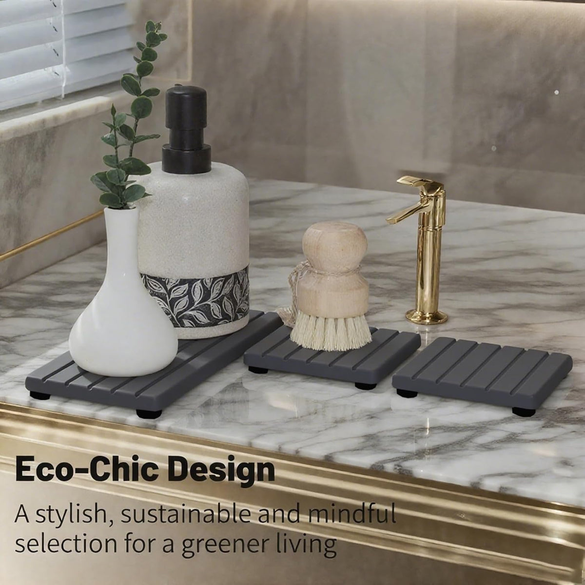 Quick Dry Sink Caddy Kitchen Sink Organizer, Water Absorbing Stone Tray for Sink, Stone Drying Tray, Diatomite Faucet Mat & Protector, Dispenser Sponge Holder, Stone Soap Tray for Bathroom Counter