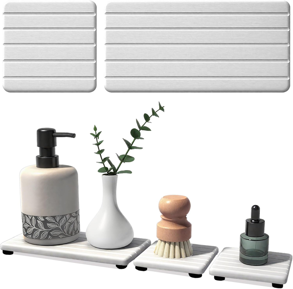 Quick Dry Sink Caddy Kitchen Sink Organizer, Water Absorbing Stone Tray for Sink, Stone Drying Tray, Diatomite Faucet Mat & Protector, Dispenser Sponge Holder, Stone Soap Tray for Bathroom Counter