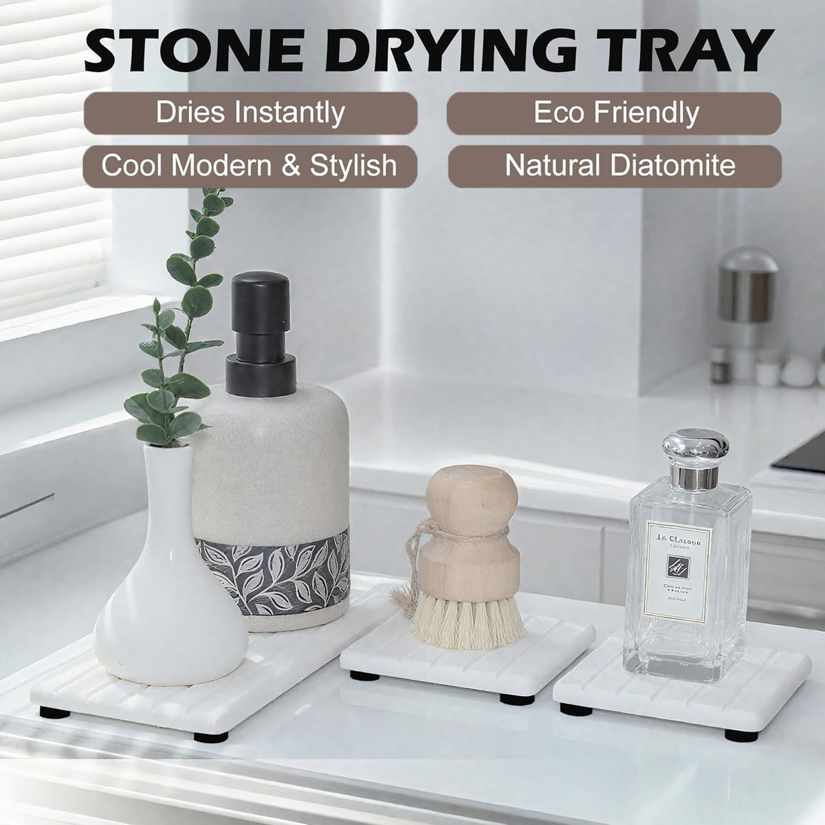 Quick Dry Sink Caddy Kitchen Sink Organizer, Water Absorbing Stone Tray for Sink, Stone Drying Tray, Diatomite Faucet Mat & Protector, Dispenser Sponge Holder, Stone Soap Tray for Bathroom Counter