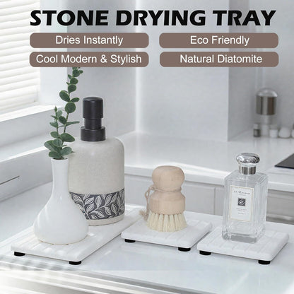 Quick Dry Sink Caddy Kitchen Sink Organizer, Water Absorbing Stone Tray for Sink, Stone Drying Tray, Diatomite Faucet Mat & Protector, Dispenser Sponge Holder, Stone Soap Tray for Bathroom Counter