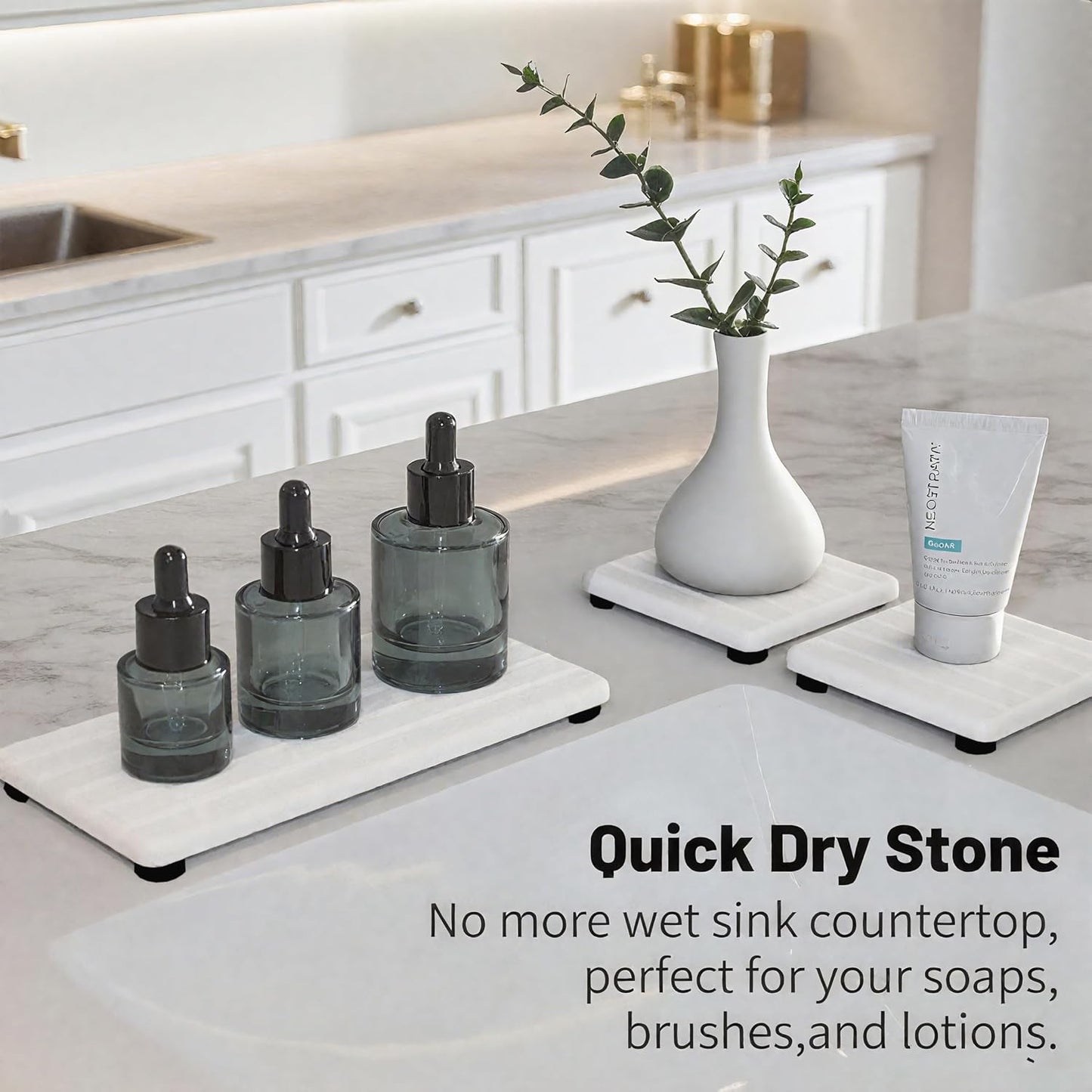 Quick Dry Sink Caddy Kitchen Sink Organizer, Water Absorbing Stone Tray for Sink, Stone Drying Tray, Diatomite Faucet Mat & Protector, Dispenser Sponge Holder, Stone Soap Tray for Bathroom Counter