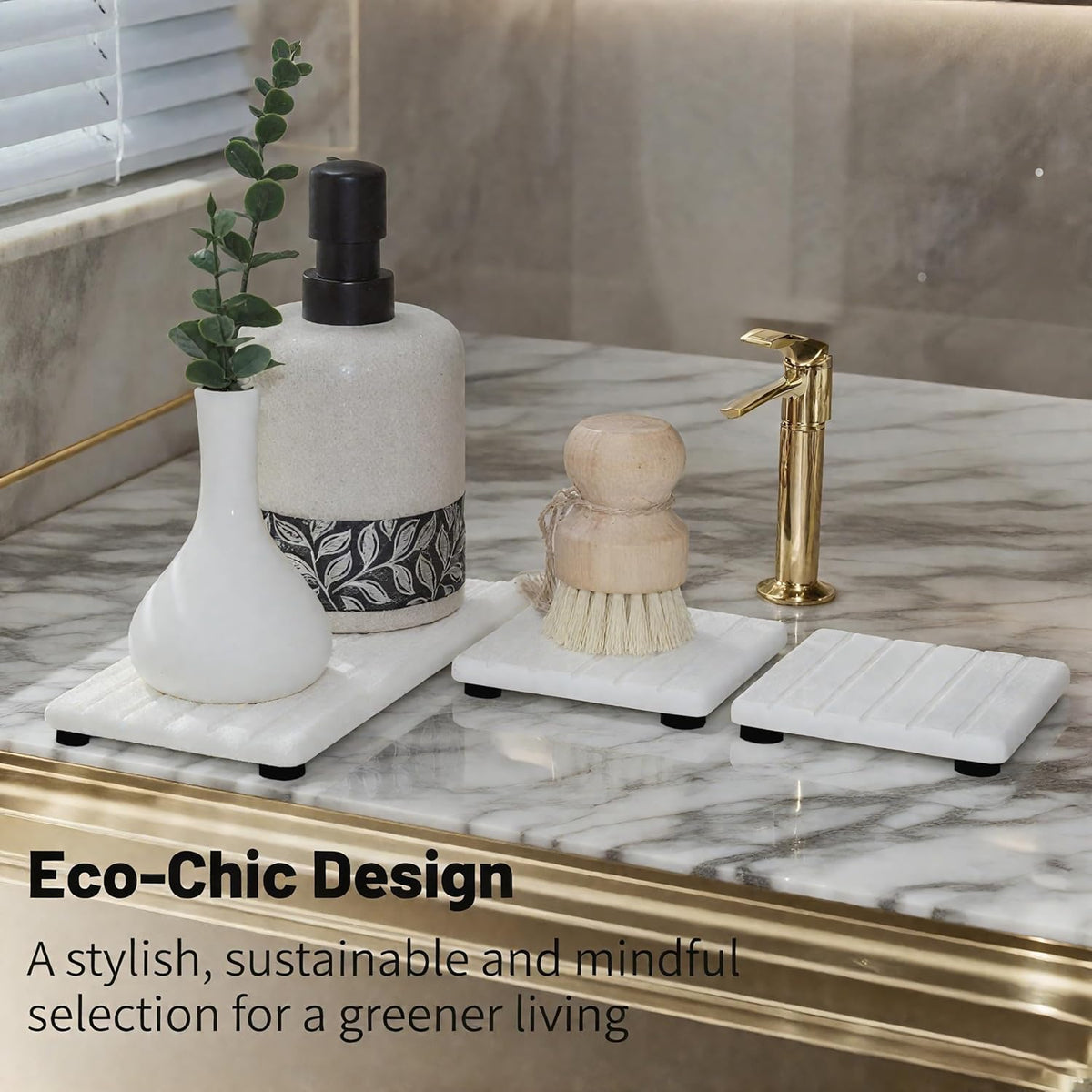 Quick Dry Sink Caddy Kitchen Sink Organizer, Water Absorbing Stone Tray for Sink, Stone Drying Tray, Diatomite Faucet Mat & Protector, Dispenser Sponge Holder, Stone Soap Tray for Bathroom Counter