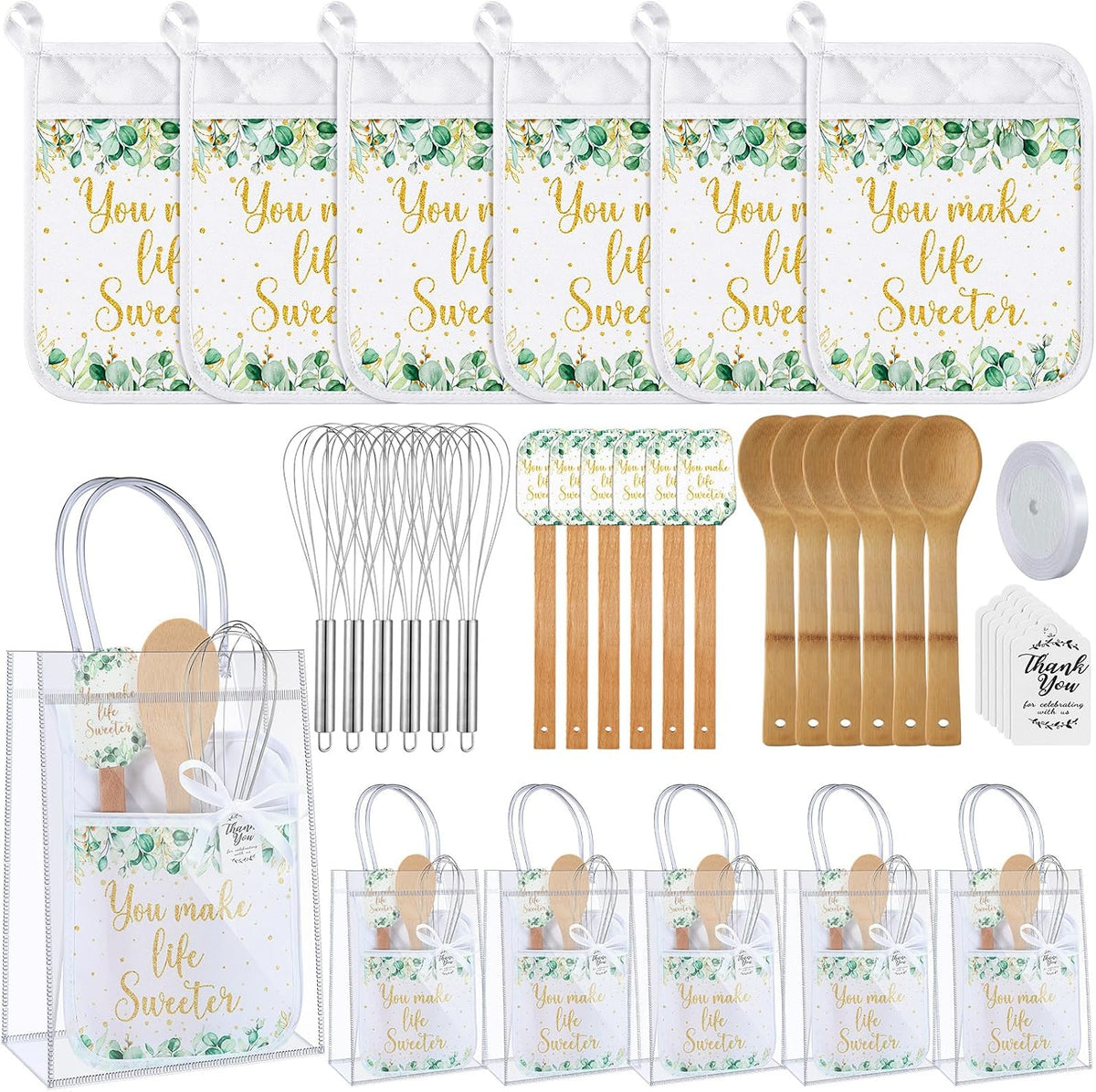 6 Sets Baby Shower Prizes for Game Winners Potholder Silicone Spatula Bamboo Spoon Whisk Gift Bag Set Gifts for Baby Shower Bridal Wedding Guests Games Prize Favors(Eucalyptus)