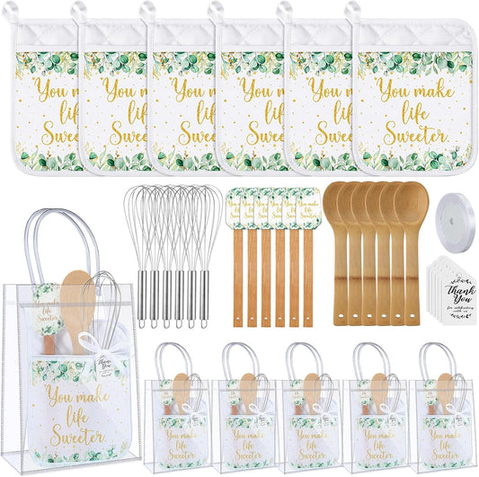 6 Sets Baby Shower Prizes for Game Winners Potholder Silicone Spatula Bamboo Spoon Whisk Gift Bag Set Gifts for Baby Shower Bridal Wedding Guests Games Prize Favors(Eucalyptus)