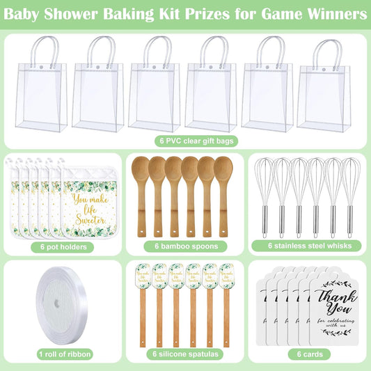 6 Sets Baby Shower Prizes for Game Winners Potholder Silicone Spatula Bamboo Spoon Whisk Gift Bag Set Gifts for Baby Shower Bridal Wedding Guests Games Prize Favors(Eucalyptus)