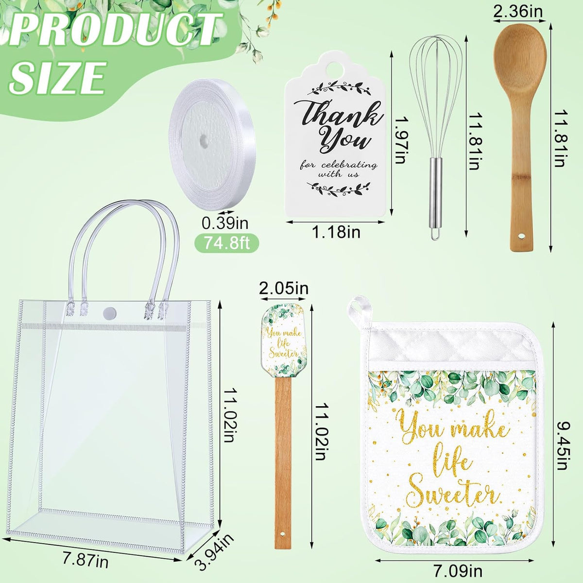 6 Sets Baby Shower Prizes for Game Winners Potholder Silicone Spatula Bamboo Spoon Whisk Gift Bag Set Gifts for Baby Shower Bridal Wedding Guests Games Prize Favors(Eucalyptus)