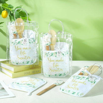 6 Sets Baby Shower Prizes for Game Winners Potholder Silicone Spatula Bamboo Spoon Whisk Gift Bag Set Gifts for Baby Shower Bridal Wedding Guests Games Prize Favors(Eucalyptus)