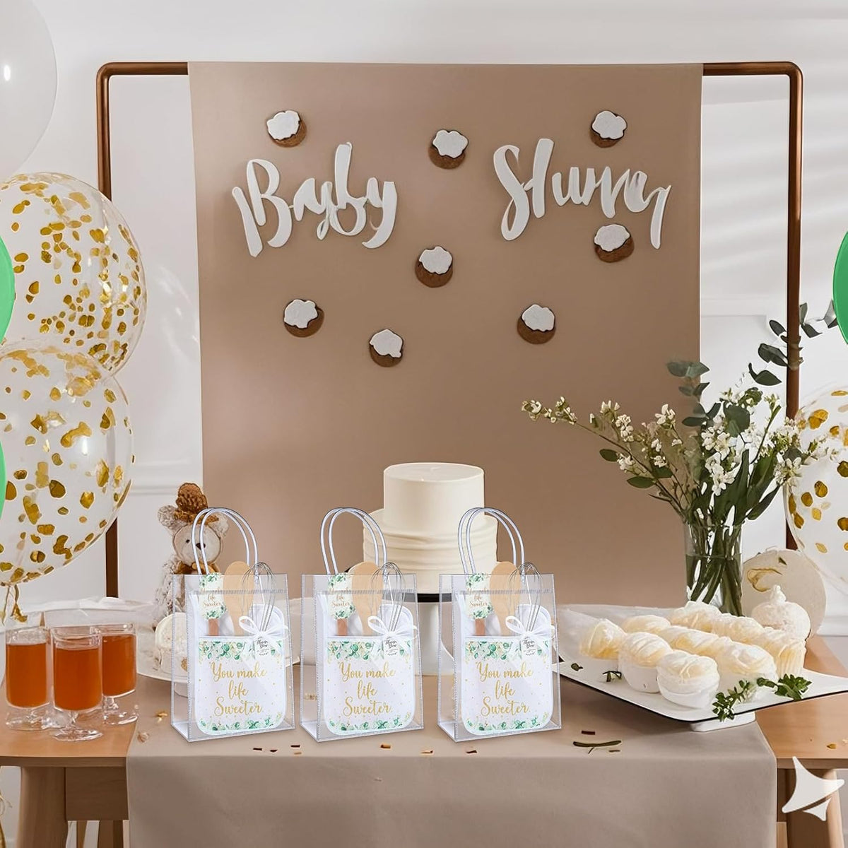 6 Sets Baby Shower Prizes for Game Winners Potholder Silicone Spatula Bamboo Spoon Whisk Gift Bag Set Gifts for Baby Shower Bridal Wedding Guests Games Prize Favors(Eucalyptus)