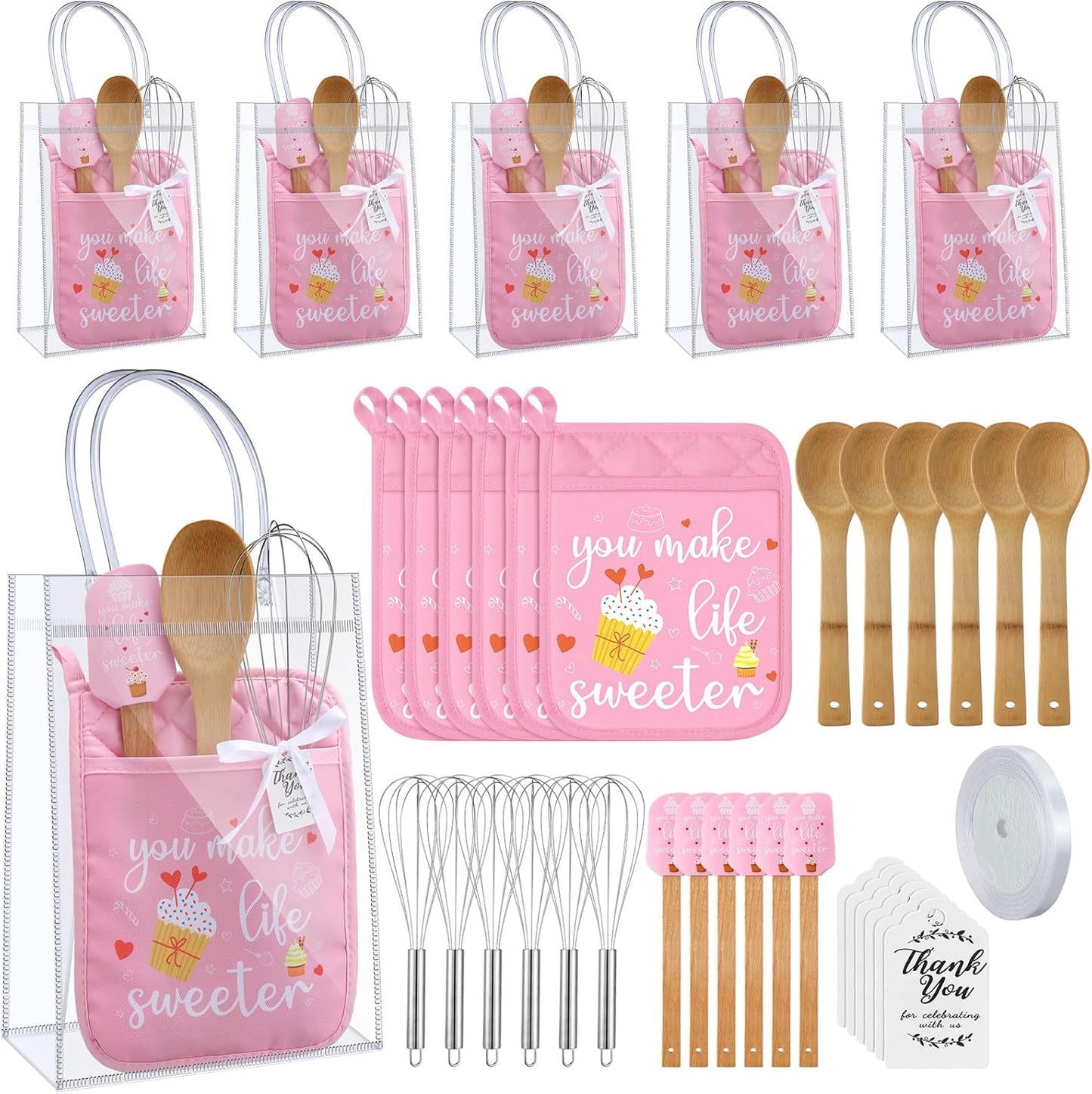 6 Sets Baby Shower Prizes for Game Winners Potholder Silicone Spatula Bamboo Spoon Whisk Gift Bag Set Gifts for Baby Shower Bridal Wedding Guests Games Prize Favors(Eucalyptus)